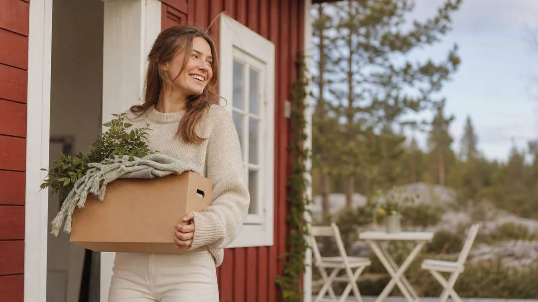 Glad kvinna som flyttar till Dalarna